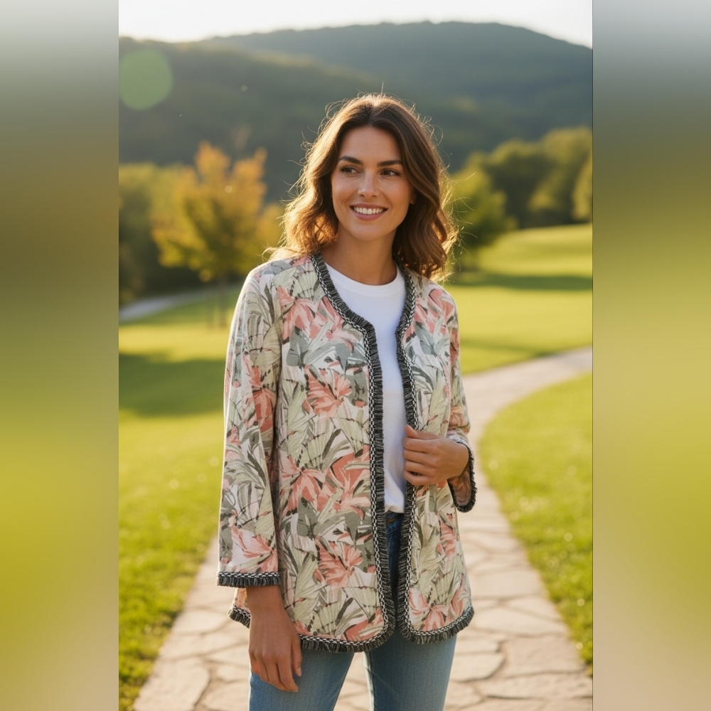 Chicos Havana Tropical Open Front Jacket‎ Blazer LG Vacation Linen Aztec Fringe